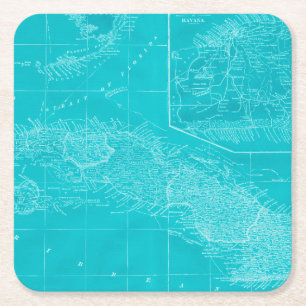 Blue Cuba Map Square Paper Coaster