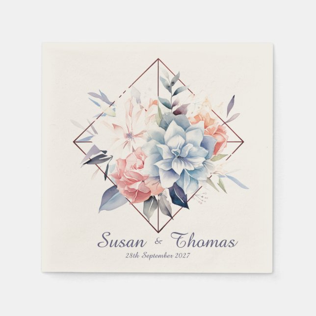 Blue Cube-Flower-2: Personalized Wedding Napkins (Front)