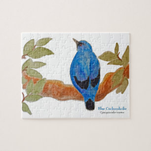 Blue Cuckooshrike on Branch Watercolor Bird Jigsaw Puzzle