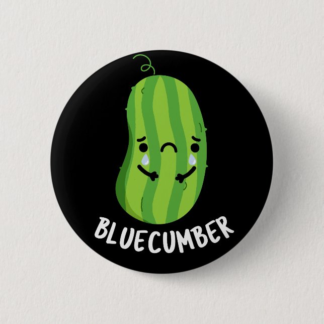 Blue-cumber Funny Sad Veggie Cucumber Pun Dark BG 6 Cm Round Badge (Front)