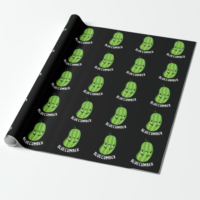 Blue-cumber Funny Sad Veggie Cucumber Pun Dark BG Wrapping Paper (Unrolled)