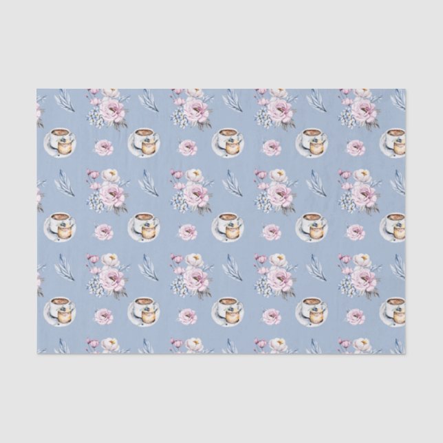 Blue Cup of Tea with Pink Flowers Tissue Paper (Front)