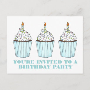 Blue Cupcake Candle Birthday Party Invitation Postcard