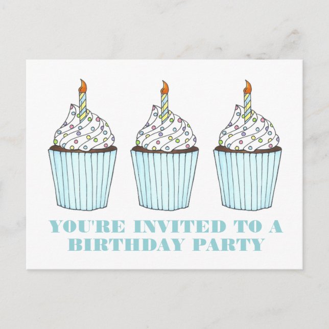 Blue Cupcake Candle Birthday Party Invitation Postcard (Front)