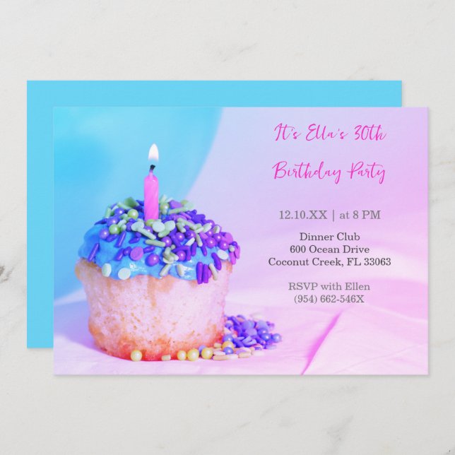 Blue Cupcake Colourful 30th  birthday invitation (Front/Back)