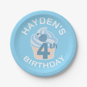 Blue Cupcake Custom Fourth or Any Age Birthday Paper Plate