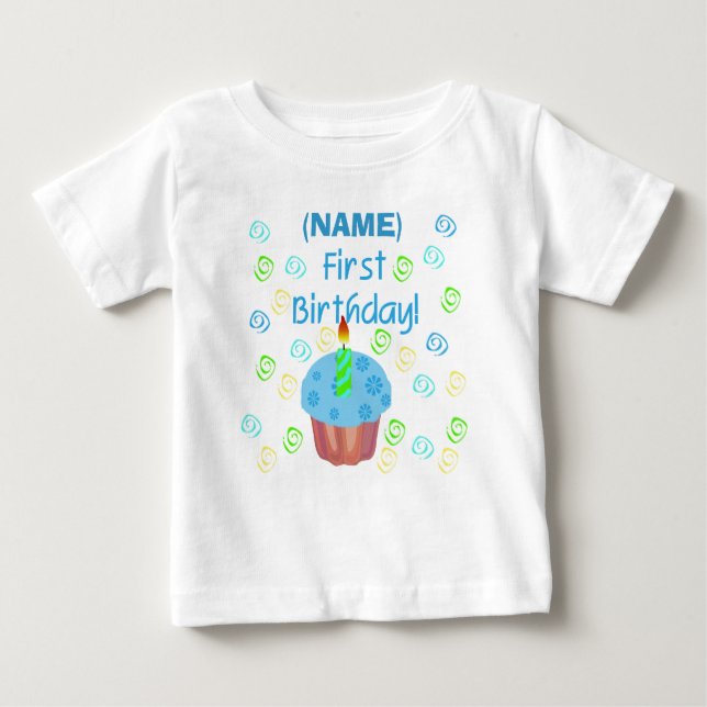 Blue Cupcake First Birthday Customisable Baby T-Shirt (Front)