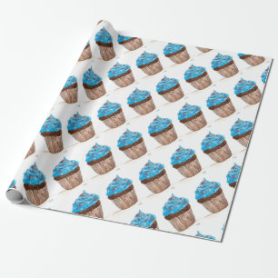 Blue cupcake party food Birthday Watercolor Baker Wrapping Paper