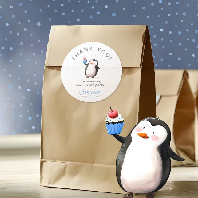 Blue cupcake penguin celebration boy's birthday classic round sticker (Creator Uploaded)