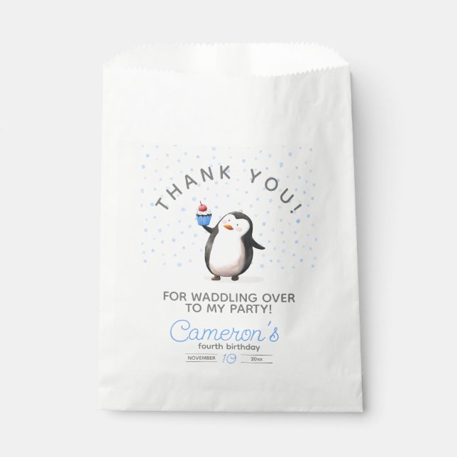 Blue cupcake penguin celebration boy's birthday favour bags (Front)