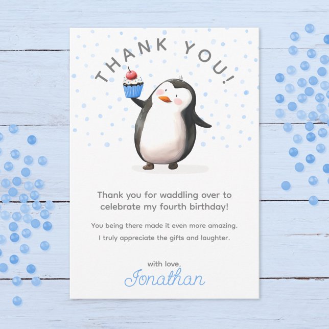 Blue cupcake penguin celebration boy's birthday thank you card (Creator Uploaded)