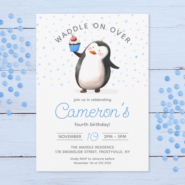 Blue Cupcake Penguin Celebration, kid's Birthday Invitation (Creator Uploaded)