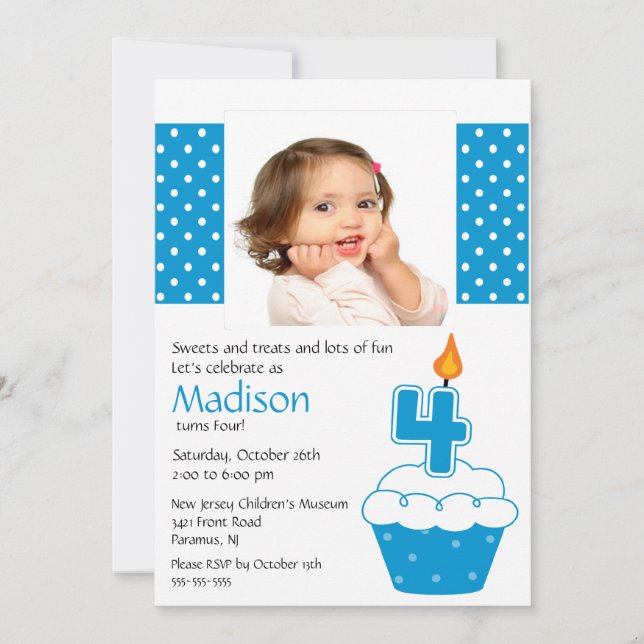 Blue Cupcake Photo 4th Birthday Invitation (Front)