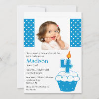 Blue Cupcake Photo 4th Birthday Invitation