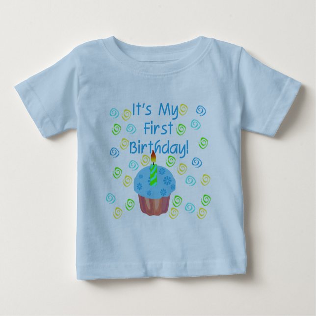 Blue Cupcake with Candle First Birthday Baby T-Shirt (Front)
