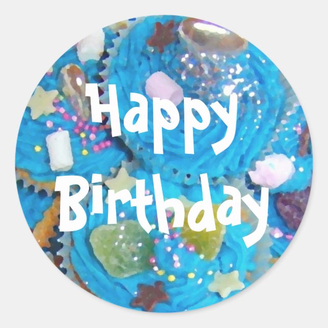 Blue Cupcakes 'Happy Birthday ' white sticker (Front)