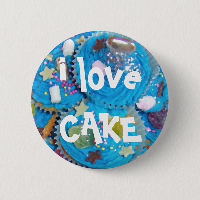 Blue Cupcakes 'i love CAKE' button badge (Front)