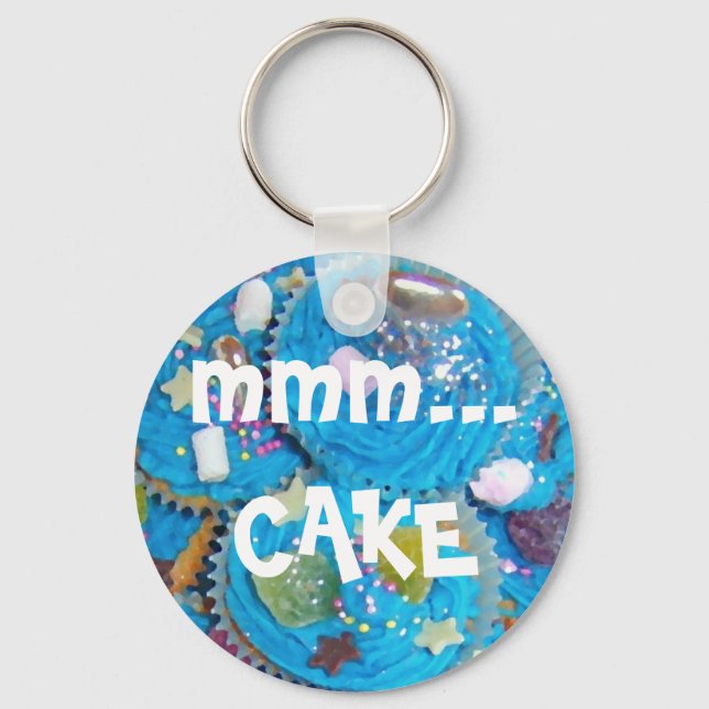 Blue Cupcakes 'mmm... CAKE' keychain (Front)