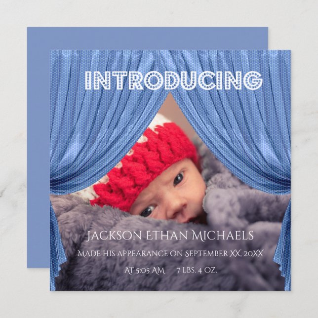 Blue Curtain Intrduction Birth Announcement (Front/Back)
