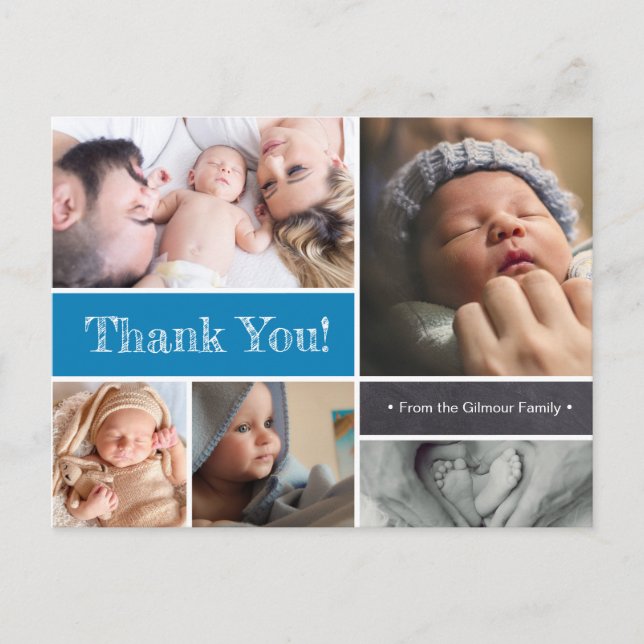 Blue Custom Baby birth announcement Thank You Postcard (Front)