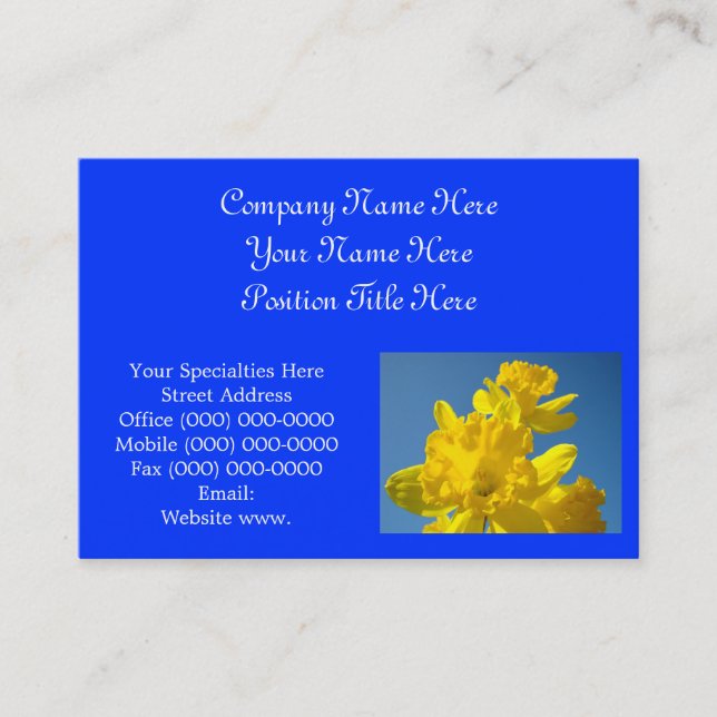 Blue Custom Business Cards Yellow Daffodil Flowers (Front)