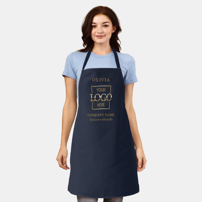 Blue Custom Business Logo & Employee Name Branded Apron (Worn)