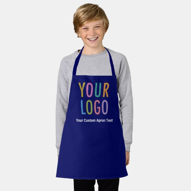 Blue Custom Child Apron with School Logo & Text (Worn)