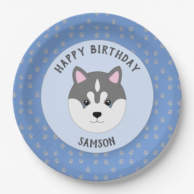 Blue Custom Dog Birthday Paper Plate (Front)