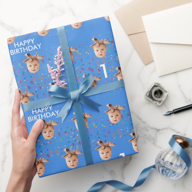 Blue Custom Face Photo Kids 1st Birthday Party Wrapping Paper (Gifting)