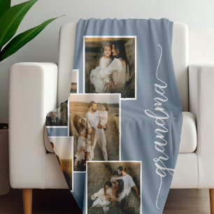 Blue Custom Grandma Grandkid 5 Photo Collage  Fleece Blanket