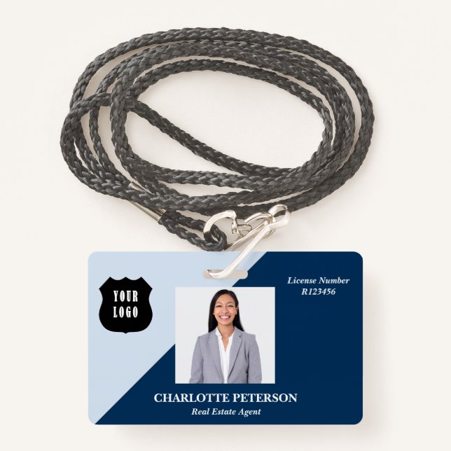 Blue Custom Logo Real Estate Realtor Name ID Badge (Front with Lanyard)