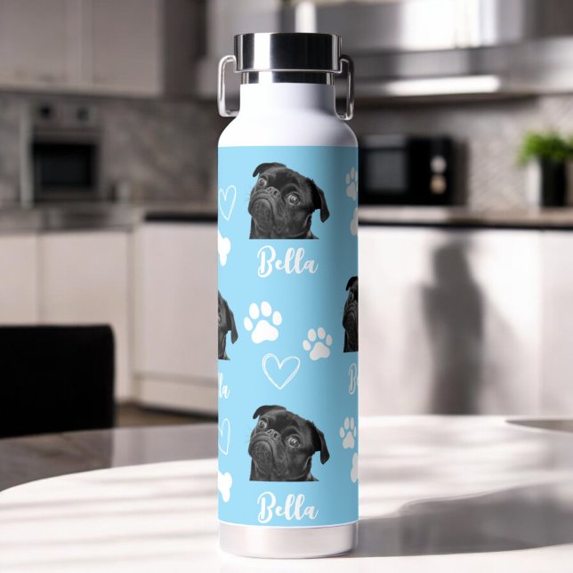Blue Custom Love Paw Print Dog Lover Pet Photo Water Bottle (Creator Uploaded)