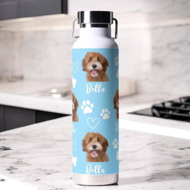 Blue Custom Love Paw Print Dog Lover Pet Photo Water Bottle (Creator Uploaded)