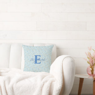 Blue Custom Monogram Boho Wildflower Pattern   Cushion