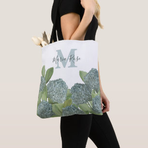 Blue Custom Monogram Botanical Floral Hydrangea Tote Bag