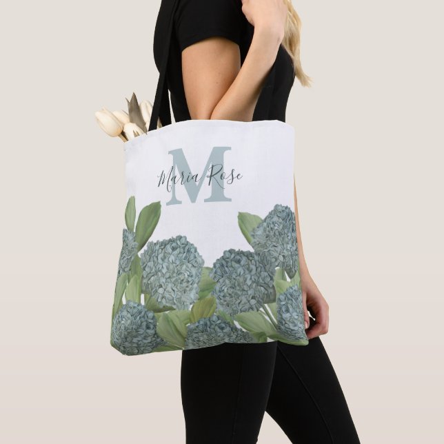 Blue Custom Monogram Botanical Floral Hydrangea Tote Bag (Close Up)