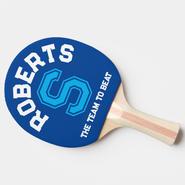 Blue custom monogram name initial and team  ping pong paddle (Back Side)