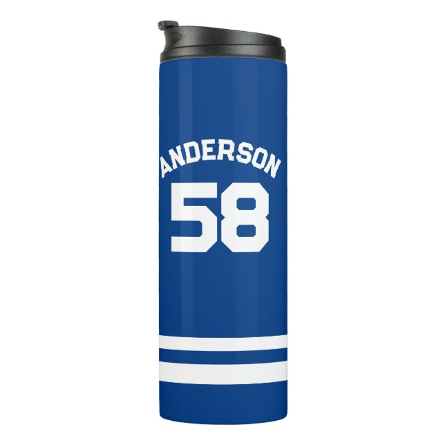Blue Custom Name & Number Sports Fan  Thermal Tumbler (Rotated Right)
