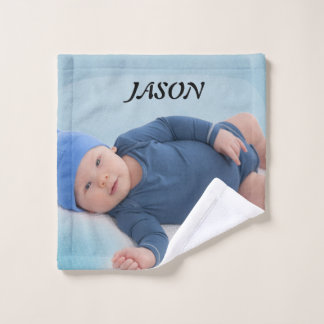 Blue custom personalised baby boy photo wash cloth
