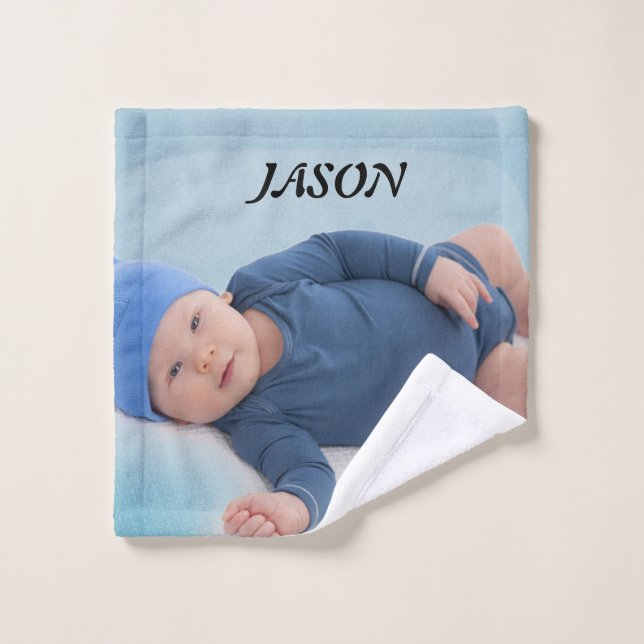 Blue custom personalised baby boy photo wash cloth (Wash Cloth)