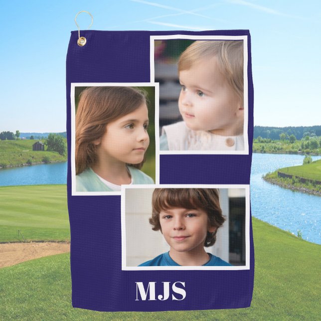 Blue Custom Photo Collage Monogram Personalized  Golf Towel (Creator Uploaded)
