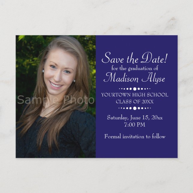 Blue Custom Photo Graduation Save the Date Postcard (Front)