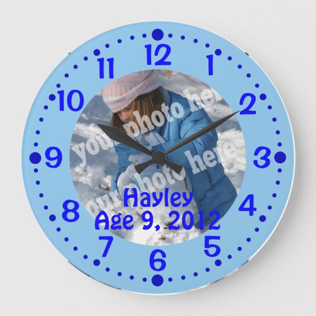 Blue Custom Photo Text Clock w/ Minutes Template (Front)
