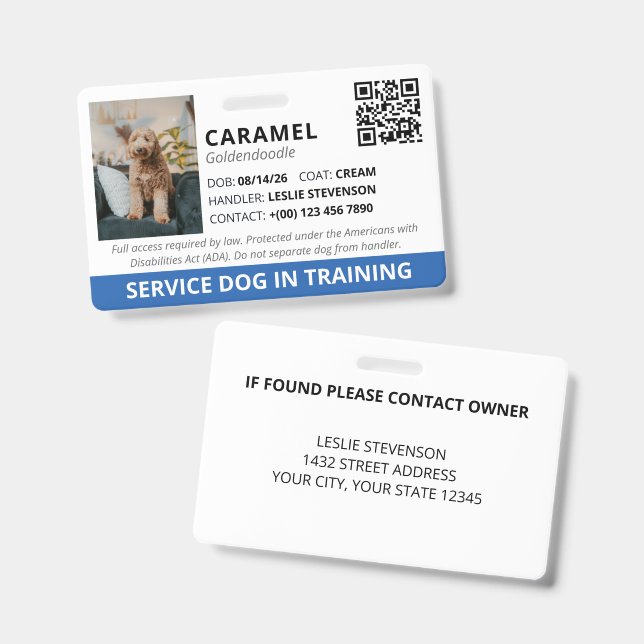 Blue Custom QR Code Service Dog In Training ID Badge (Front & Back)