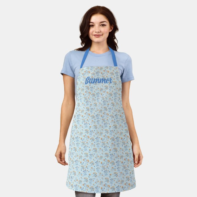 Blue Custom Stylish Vintage Wildflower Pattern   Apron (Worn)
