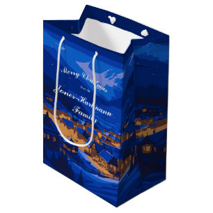 Blue Custom Winter Village Christmas Medium Gift Bag