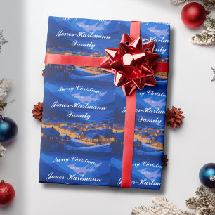 Blue Custom Winter Village Christmas  Wrapping Paper