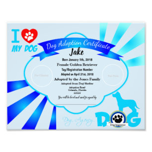 Blue Customisable Dog Adoption Certificate Photo Print