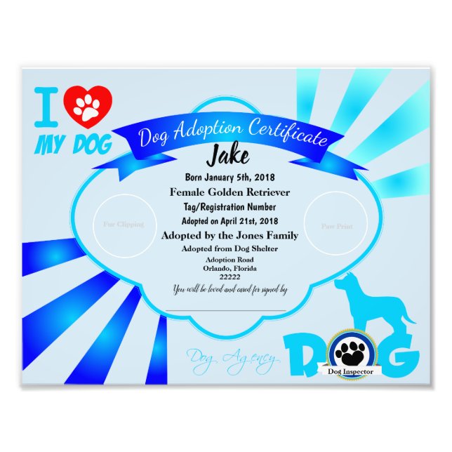 Blue Customisable Dog Adoption Certificate Photo Print (Front)