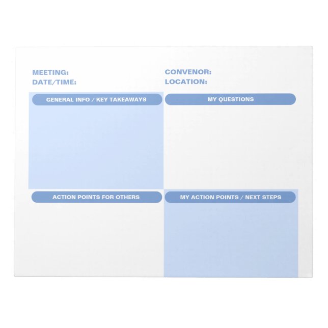 Blue Customisable Four Part MEETING NOTES Notepad (Front)
